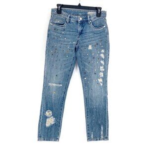 BLANKNYC Jeans Womens 24 Blue Crop Girlfriend Mid-Rise Distressed Embellished
